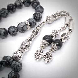 Kar Tanesi Obsidyen Doğal Taş Tesbih, 8mm, 33'lü-Özel Tasarım-Şık Püskül Detaylı