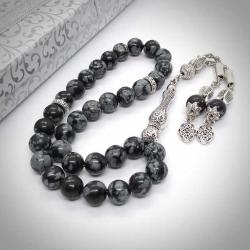 Kar Tanesi Obsidyen Doğal Taş Tesbih, 8mm, 33'lü-Özel Tasarım-Şık Püskül Detaylı