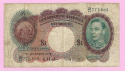 BARBADOS $1 Dollar 1939, P-2b,VERY FINE  (TK 19 797) ÇT