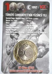 5 Türk Lirası Türkiye Cumhuriyeti 100' Yıl Baskılı 2023  ilk Madeni 5 Türk Lirası