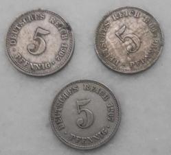 1902 1906 1907 ALMANYA 5 REİCH PFENİGLER 3 ADET