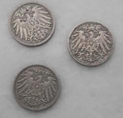 1902 1906 1907 ALMANYA 5 REİCH PFENİGLER 3 ADET