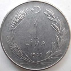 Türkiye 1977 1 Lira - TC Ters - Başaklı Paslanmaz Çelik