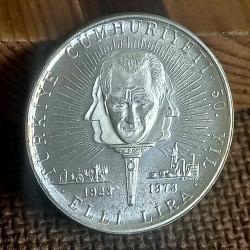 1973 YILI TÜRKİYE CUMHURİYETİ 50. YILI 50 LİRA DARPHANE HATIRA GÜMÜŞ