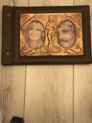 BAKIR KABARTMA Deri ciltli (Tavus Kuşu, Nü ve Balık desenli)   KAPAKLI FOTOĞRAF ALBÜMÜ--15 YAPRAK - 35x24 cm /