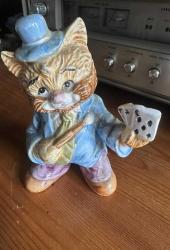 Vintage Soğuk Damgalı Seramik El Boyama Sihirbaz Kedi Biblosu çok temiz