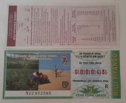 MİLLİ PİYANGO 29 TEMMUZ 2006 ÇEYREK BİLET 000043 KAT İZİ MÜHÜR YOK