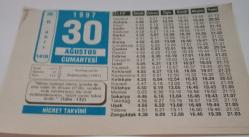 30 Ağustos 1997-Orijinal Takvim Yaprağı-Doğum Günü-Söz,Nişan,Nikâh,Düğün ve Önemli Günler Hediyesi-Hicret Takvimi-Ayet(Hadis)-(Taha-132)-Azerbaycan'ın Bağımsızlığı(1991)-Sadaka-Atasözü