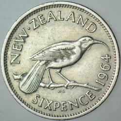 YENİ ZELANDA 6 PENCE 1964 KRALİÇE II. ELİZABETH 19,3 mm.