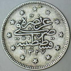 V. MEHMET REŞAT GÜMÜŞ 2 KURUŞ 1327/2 KOSTANTİNİYYE DARBI. OSMANLI İMPARATORLUĞU.