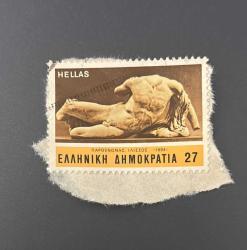 Yunanistan Pulu - Greek Stamp - Mektup Zarfından Kesilmiş / Postadan Geçmiş Pul Filateli -  Heykel, İlissus temalı pul , 27 PARA - YABANCI PULLAR - NOSTALJİK DOĞUM GÜNÜ HEDİYESİ