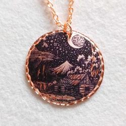 Van Gogh, Gece ve Ay temalı bakır kolye, rose gold renginde zincirli, elmas kalem işçilikli, ışıltılı