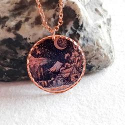 Van Gogh, Gece ve Ay temalı bakır kolye, rose gold renginde zincirli, elmas kalem işçilikli, ışıltılı