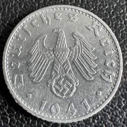 Nazi Almanyası 50 Reichspfennig 1941 B. Gamalı Haç Detaylı. Az Çıkar.