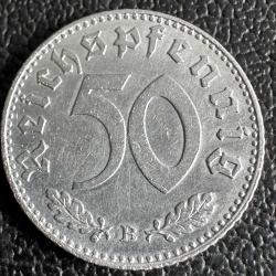Nazi Almanyası 50 Reichspfennig 1941 B. Gamalı Haç Detaylı. Az Çıkar.