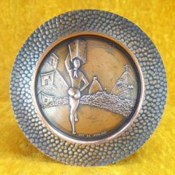 VINTAGE EL YAPIMI KABARTMA GÖRSELLİ RIO DE JANEIRO HATIRASI KÜÇÜK BAKIR TABAK