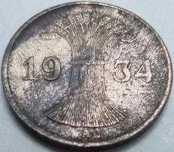 Almanya 1934 1 Reichspfennig Erken Dönem Bakır Baskı