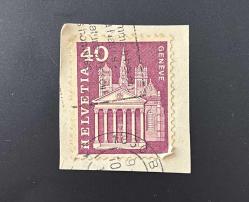 İsviçre Helvetya Pulu - Helvetia Stamp - Mektup Zarfından Kesilmiş / Postadan Geçmiş Pul Filateli - Damgalı - Cenevre'deki Saint Pierre Katedrali Temalı Pul, 40 PARA - YABANCI PULLAR -NOSTALJİK DOĞUM GÜNÜ HEDİYESİ