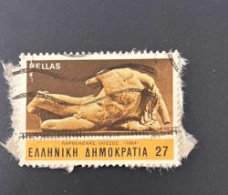 Yunanistan Pulu - Greek Stamp - Mektup Zarfından Kesilmiş / Postadan Geçmiş Pul Filateli -  Heykel, İlissus temalı pul , 27 PARA - YABANCI PULLAR - NOSTALJİK DOĞUM GÜNÜ HEDİYESİ