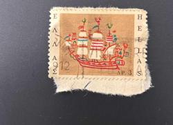 Yunanistan Pulu - Greek Stamp - Mektup Zarfından Kesilmiş /Postadan Geçmiş Pul Filateli - Damgalı -19. Yüzyıl Skyros Gemisinin Ada İşlemeleri Temalı Pul , 3 PARA - YABANCI PULLAR - NOSTALJİK DOĞUM GÜNÜ HEDİYESİ