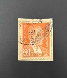 Türk Pulu - Turkish Stamp - Mektup Zarfından Kesilmiş /  Postadan Geçmiş Pul Filateli - DAMGALI - ATATÜRK TEMALI PUL, 20 PARA - Türkiye Cumhuriyeti - NOSTALJİK DOĞUM GÜNÜ HEDİYESİ