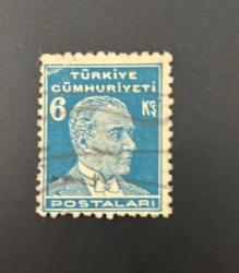 Türk Pulu - Turkish Stamp -  Postadan Geçmiş Pul Filateli - DAMGALI - ATATÜRK TEMALI PUL, 6 KURUŞ - Türkiye Cumhuriyeti - NOSTALJİK DOĞUM GÜNÜ HEDİYESİ