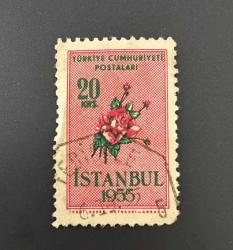 Türk Pulu - Turkish Stamp - Postadan Geçmiş Pul Filateli - DAMGALI - İSTANBUL 1955 - GÜL TEMALI PUL , 20 KURUŞ - Türkiye Cumhuriyeti - NOSTALJİK DOĞUM GÜNÜ HEDİYESİ
