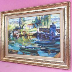 İMZALI ÇERÇEVELİ SAHİLDE TEKNELER TEMALI YAĞLIBOYA RESİM