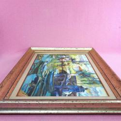 İMZALI ÇERÇEVELİ SAHİLDE TEKNELER TEMALI YAĞLIBOYA RESİM