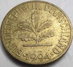 Almanya 1994 10 Pfennig Meşe Filizi Temalı Çelik Üzeri Pirinç Kaplama