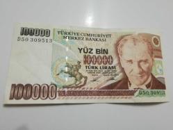 YÜZ BİN (100000) TÜRK LİRASI KAĞIT PARA SERİ D50 309513 çil altı çok temiz