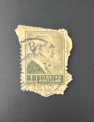 Türk Pulu - Turkish Stamp -  Mektup Zarfından Kesilmiş / Postadan Geçmiş Pul Filateli -  DAMGALI - İSMET İNÖNÜ TEMALI PUL, 1 KURUŞ - Türkiye Cumhuriyeti - NOSTALJİK DOĞUM GÜNÜ HEDİYESİ