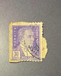 Türk Pulu - Turkish Stamp - - Mektup Zarfından Kesilmiş / Postadan Geçmiş Pul Filateli -  DAMGALI - ATATÜRK TEMALI PUL, 20 PARA - Türkiye Cumhuriyeti - NOSTALJİK DOĞUM GÜNÜ HEDİYESİ