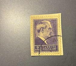 Türk Pulu - Turkish Stamp - - Mektup Zarfından Kesilmiş / Postadan Geçmiş Pul Filateli - DAMGALI - İSMET İNÖNÜ TEMALI PUL, 9 KURUŞ - Türkiye Cumhuriyeti - NOSTALJİK DOĞUM GÜNÜ HEDİYESİ