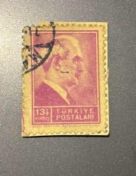Türk Pulu - Turkish Stamp - Mektup Zarfından Kesilmiş / Postadan Geçmiş Pul Filateli - Damgalı - İSMET İNÖNÜ TEMALI PUL, 13 1/2 PARA - Türkiye Cumhuriyeti - NOSTALJİK DOĞUM GÜNÜ HEDİYESİ