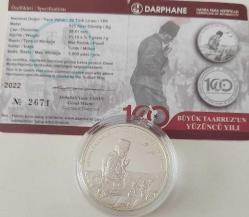 2022 BÜYÜK TAARRUZUN 100 YILI GÜMÜŞ 20 TÜRK LİRASI HATIRA PARASI DARPHANE BASKISI SERTİFİKALI ÇİL 2671 ÇOK NADİRDİR