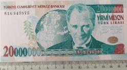 7.EMİSYON 1.TERTİP 20.000.000 TL TÜRK LİRASI K16847875 SERİ NUMARALI KAĞIT PARA DESTE ÇİLİ