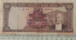 5.EMİSYON 5.TERTİP 50 TÜRK LİRASI KAĞIT PARA NATÜREL A14 033134 GÜZEL HARF GÜZEL NUMARALI ÇOK NADİRDİR