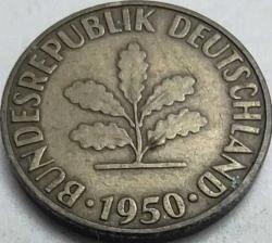 Almanya 1950 5 Pfennig Meşe Filizi Temalı Çelik Üzeri Pirinç Kaplama