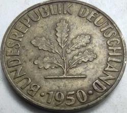 Almanya 1950 10 Pfennig Meşe Filizi Temalı Çelik Üzeri Pirinç Kaplama