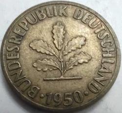 Almanya 1950 10 Pfennig Meşe Filizi Temalı Çelik Üzeri Pirinç Kaplama
