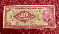4.EMİSYON 1.TERTİP KIRMIZI İNÖNÜ 10 ON TÜRK LİRASI