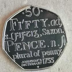 SETTEN ÇIKMA  İNGİLTERE  2005   50 PENCE  HATIRA  250nci Yıl Dönümü - Samuel Johnson's İngilizce Sözlüğünün Yayınlanması   ÇİL