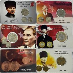 6 Adet Eski Türkiye Cumhuriyeti Tedavül Eden Madeniler Özel Folderinde