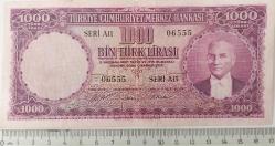 5.EMİSYON 1.TERTİP 1000 TÜRK LİRASI (MOR BİNLİK) KAĞIT PARADIR SERİ A11 06555 NOLU ÇOK TEMİZ KONDİSYONDADIR KATALOK DEĞERİ;1250 DOLAR ÇOK NADİR