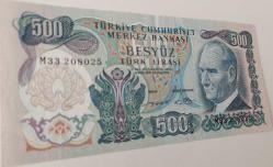 6.EMİSYON 2.TERTİP 500 TÜRK LİRASI M33208025 SERİ NUMARALI ORİJİNAL KAĞIT PARA NATUREL DESTE ÇİLİ NADİR