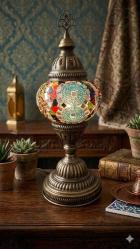 MOZAİK RENKLİ CAM EL YAPIMI ELEKTRİKLİ MASA LAMBASI