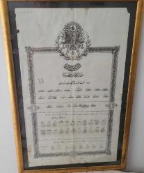 LOT.19 » OSMANLI ŞAHADETNAME, DİPLOMA. DEVLETİ ALİYE OSMANİ AMBLEMLİ. NADİRATTAN ÇERÇEVEDE.