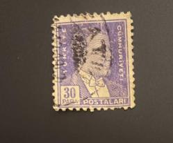 Türk Pulu - Turkish Stamp - Postadan Geçmiş Pul Filateli -  DAMGALI - ATATÜRK TEMALI PUL ,  30 PARA - Türkiye Cumhuriyeti - NOSTALJİK DOĞUM GÜNÜ HEDİYESİ