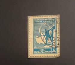 Türk Pulu - Turkish Stamp - Mektup Zarfından Kesilmiş / Postadan Geçmiş Pul Filateli -  DAMGALI - MİLLİ MÜDAFAA PULU  , 2 KURUŞ - Türkiye Cumhuriyeti - NOSTALJİK DOĞUM GÜNÜ HEDİYESİ